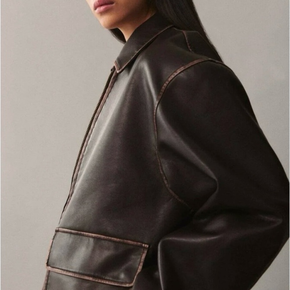 Mango Dark Brown Leather Jacket with Contrast Stitching - Picture 7 of 11